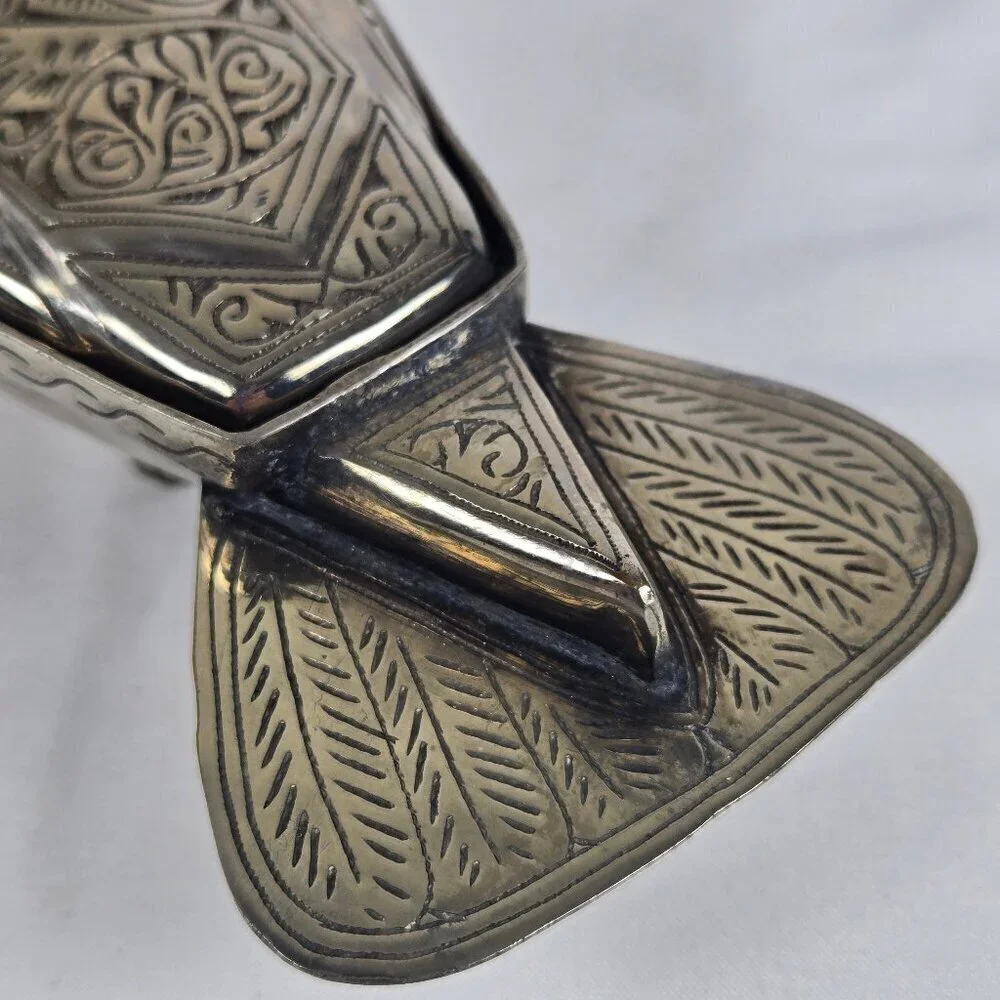 Vintage Silver Aluminum Bird Box Carved Florals and Swirls Tri-Legged Decor